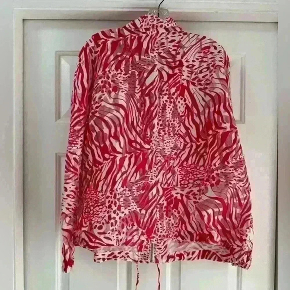 Chico's Sheer Structured Bomber, Mesh Tiger Print Pink/White Zip Snap Front Sz 3 - Picture 3 of 10